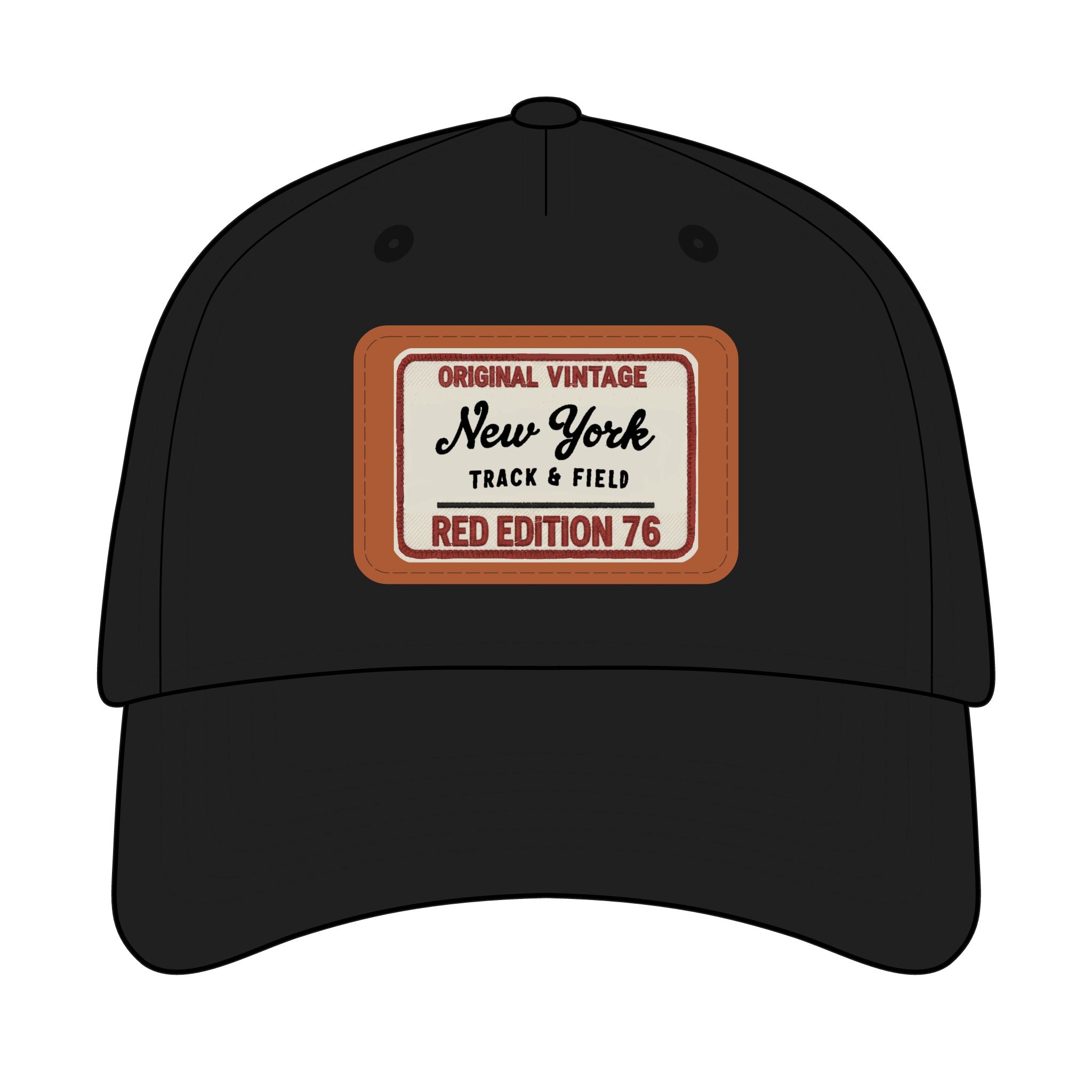 Black cap with a vintage-style label on a white background